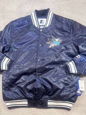 NWT San Jose Sharks Satin Starter Jacket Navy Size M Can Fit L
